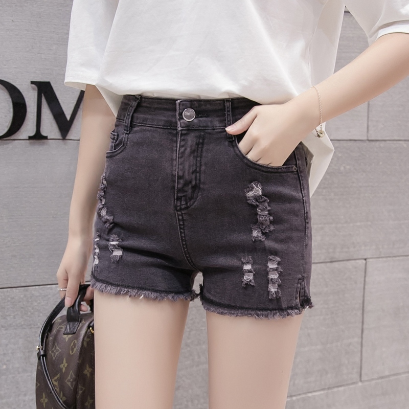 ins denim shorts women's summer 2018 new Korean version thin burr hole high waist tight a word hot pants student