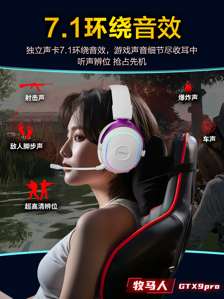 Wrangler Gtx9 Four-Mode Gaming E-Sports Headset, Wireless Bluetooth 2.4g Computer Headset with Microphone Usb7.1
