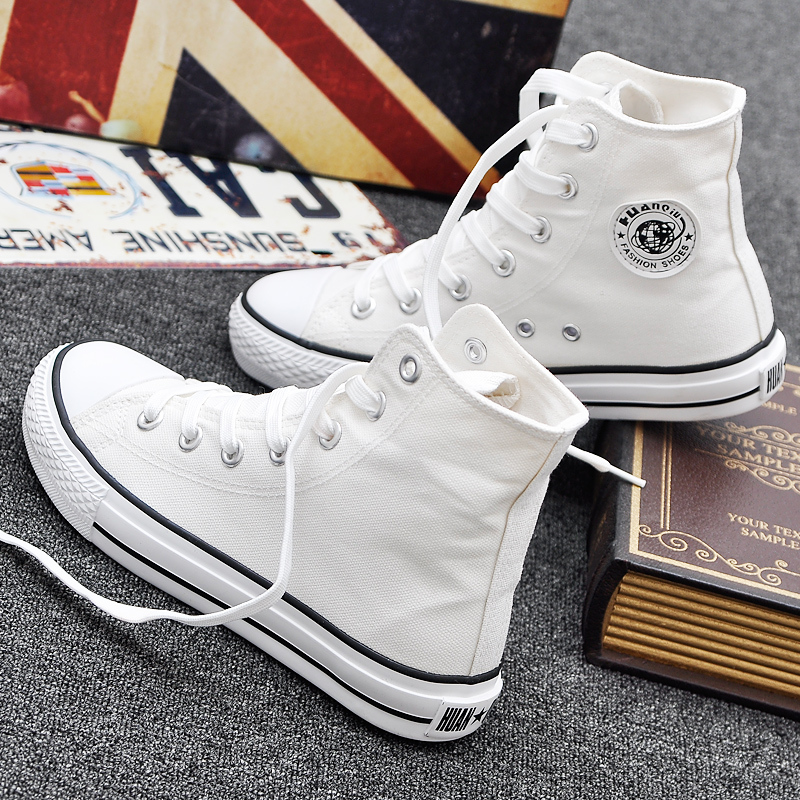 Hong Kong High-Top Canvas Shoes for Women with Hidden Height Increase, Couple Style, Korean Version, Harajuku Student Versatile White Shoes, Casual Sneakers, Trendy