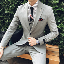 Suit suit men Korean slim hair stylist three sets elastic groom wedding dress mens fashion handsome