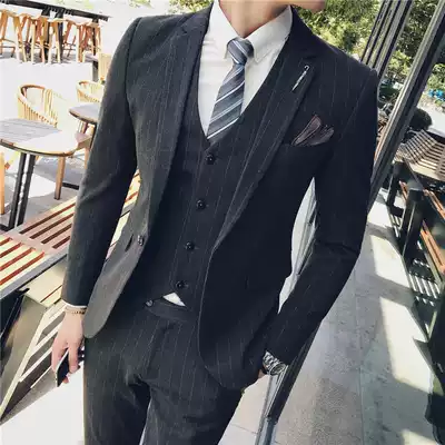 Suit suit men's three-piece striped casual small suit Korean version of slim formal dress groom handsome wedding dress trend