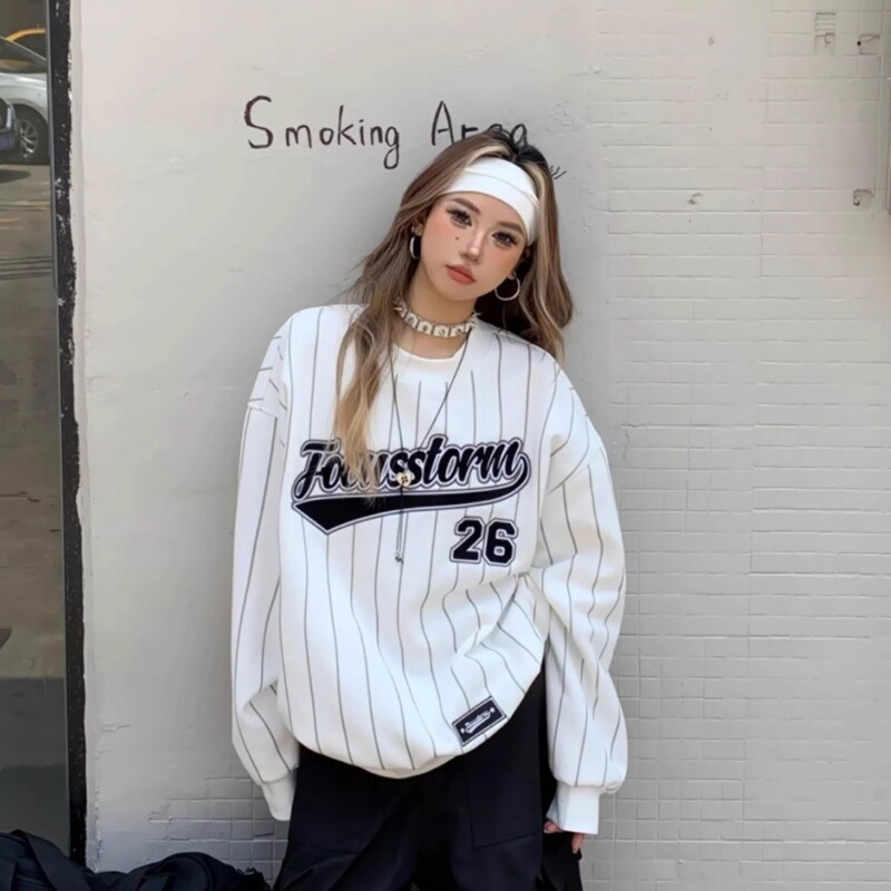 Spring and Autumn Loose-Fitting American-Style Letter Print Jersey-Style Crew Neck Sweatshirt Versatile Long-Sleeve Baseball Shirt Long-Sleeve Top Trendy
