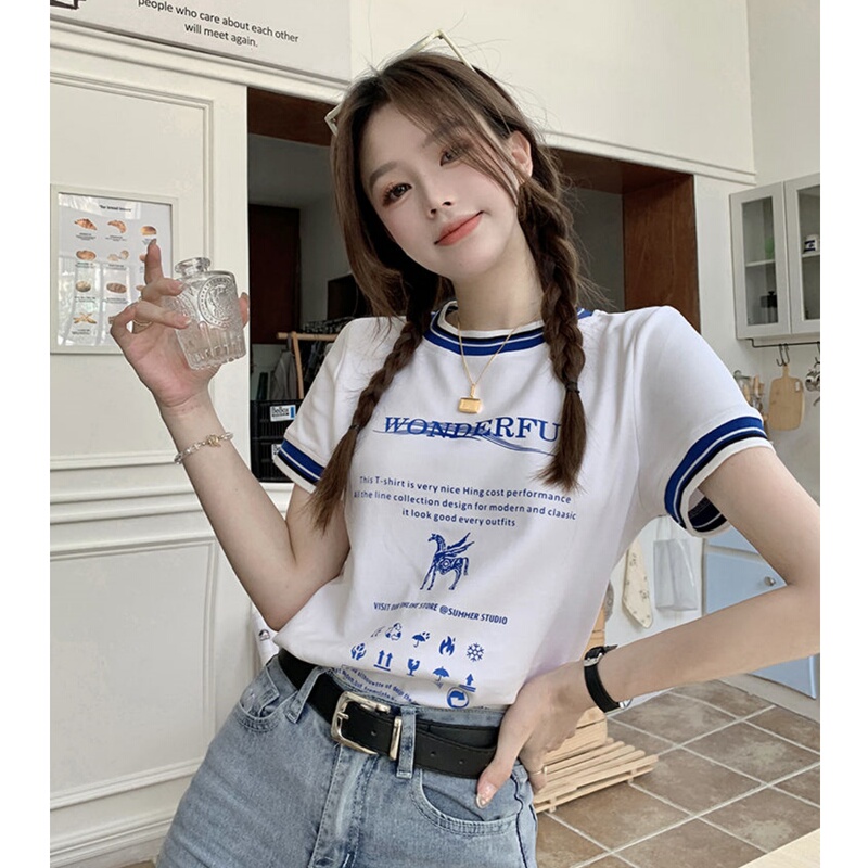 Korean Style Tops with Jeans, Unique Design, Niche Contrasting Color Short-Sleeved Right Shoulder T-Shirt for Women, Summer