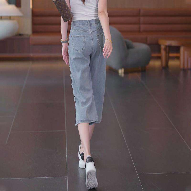 Loose Wide-Leg Cropped Denim Pants for Women, Summer Thin Style, Petite Size, 2026 New Hollow-Out Slimming Straight-Leg Pants for Women Loose Wide-Leg Cropped Denim Pants for Women, Summer Thin Style, Petite Size, 2026 New Hollow-Out Slimming Straight-Leg Pants for Women
