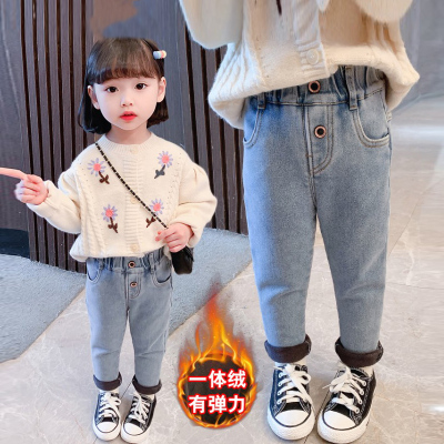 女童加绒加厚一体绒宝宝牛仔长裤