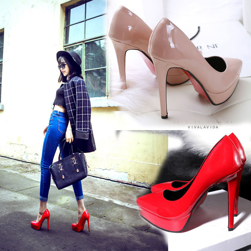 Elegant High-Heeled Shoes 12cm Nightclub Work Shoes Pointed Toe Platform High Heels Women's Waterproof Thin Heel Single Shoes Large Size