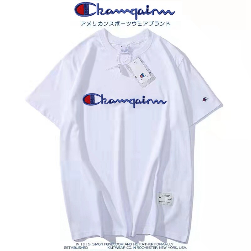 Japanese Version Champion Couple Embroidered Pure Cotton Short-Sleeve T-Shirt for Men and Women, Summer Sports Casual Half-Sleeve Top, Casual Trendy Brand