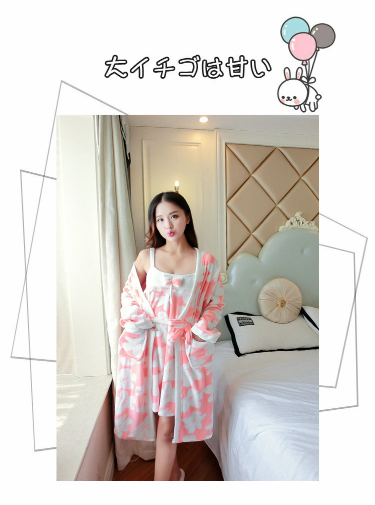 Mùa thu và mùa đông áo choàng dày flannel hai mảnh dài tay áo nhung san hô đồ ngủ voan mỏng