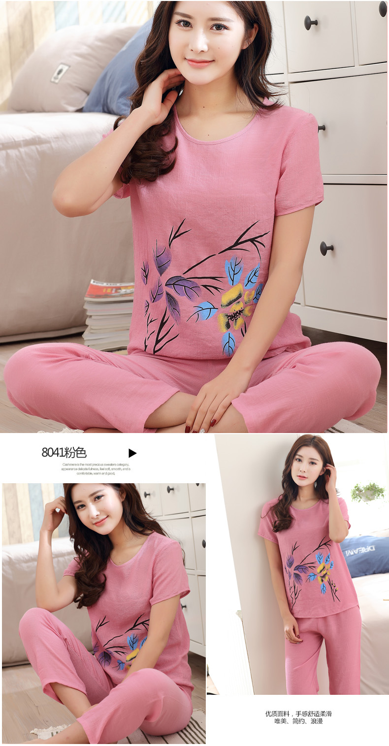 Mùa hè phụ nữ tay ngắn mẹ trung niên chất liệu cotton mỏng của mẹ chồng và bộ đồ ngủ bằng vải lanh có thể mặc XL đồ ngủ khủng long
