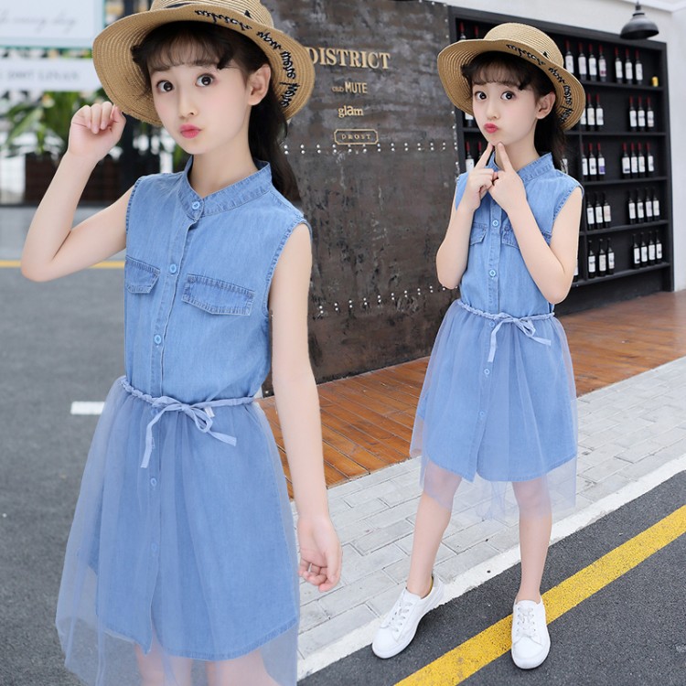 Cô gái denim cài áo 667 88 112 vừa trẻ em mùa hè váy 13 girlprincess váy 10-15 tuổi.