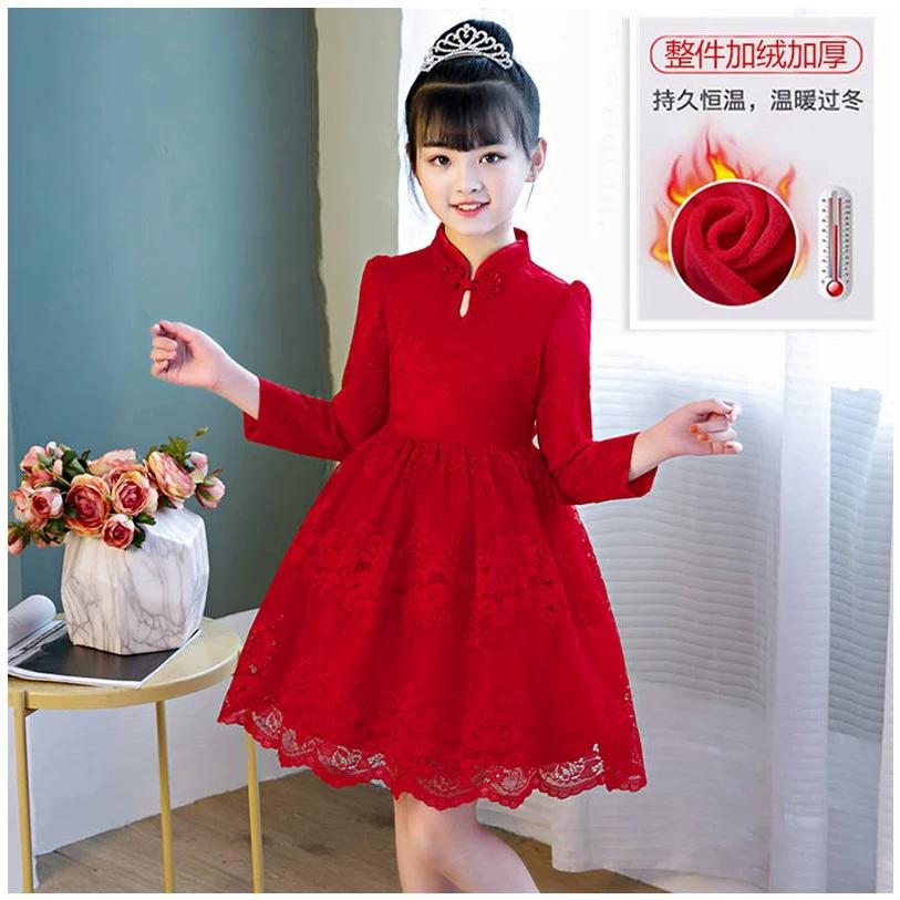 Con số sang trọng cô gái mười tuổi váy tiệc cô gái mùa đông váy thu đông váy áo dài 12 tuổi phong cách Trung Quốc áo dài tay - Váy trẻ em