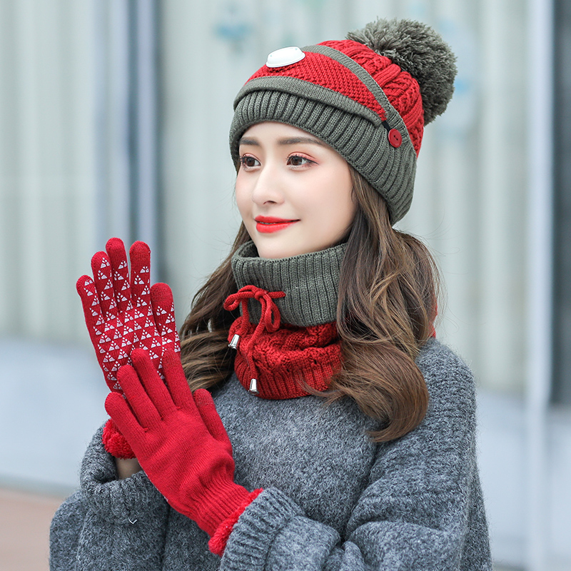 Winter cycling windproof gloves thickened warm ear protection wool knitted hat outdoor travel face protection cold hat female