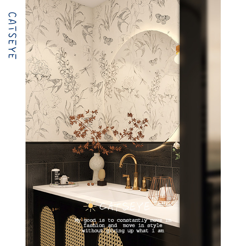Cat eye style swallow black and white wallpaper flower brick retro washroom soft light tile toilet wall brick bathroom floor tile 