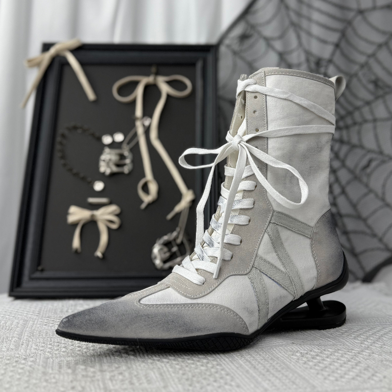 Color-Blocked Pointed Lace-Up Irregular Heel Short Boxing Boots for Women 2025 Autumn and Winter New Retro High-Heeled Sports Martin Boots