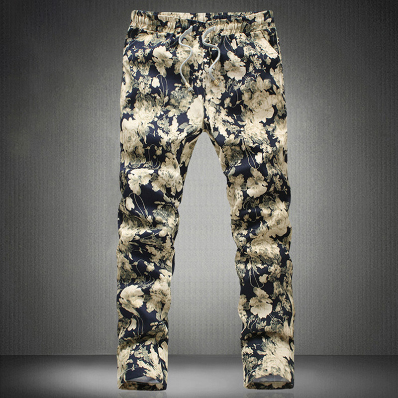 Autumn personalized color pants men's printed casual pants trendy small feet fancy floral elastic trousers performance style
