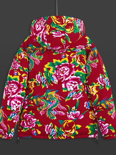 Northeast large flower print thickened down jacket winter warm jacket men's youth classic pattern hooded cold jacket