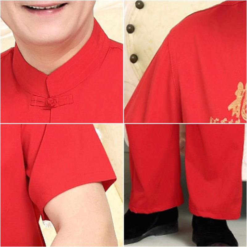 Xia mỏng Tang ăn mặc nam rồng thêu lớn màu đỏ ngắn tay phù hợp với tuổi trung niên người già quần áo đời ông nội gió Trung Quốc này
