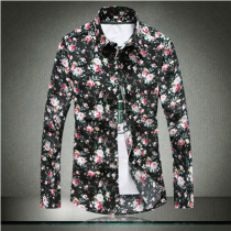 Autumn and winter mens fancy printed collage and velvety warm long sleeves shirt youth handsome and casual lining clothes trend