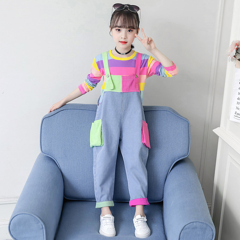 Girls strappy pants set 2022 new spring and autumn pants children's pants back pocket pants girls jeans foreign