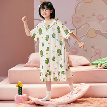 Girl Sleeping Dress Child Sleepwear Short Sleeve Pure Cotton Creamy Clot Cute Girl Thin Air Breathable Loose Mother Dress Home Clothing
