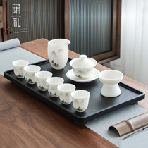 High-end sheep fat jade tea set set Household hand-painted white porcelain kung fu cover bowl teacup gift box office guest gifts