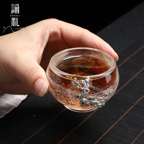Chanting ceremony inlaid with silver crystal teacup Kung Fu tea set Tea cup Household master cup thickened single cup glass lamp ice flower