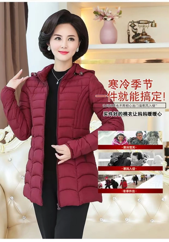 Phụ nữ trung niên và già xuống cotton dài ấm áp thời trang trùm đầu cotton XL áo khoác mùa đông - Quần áo của mẹ