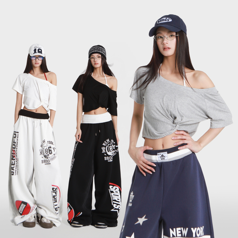 Lin Xiaohua Jazz Dance Round Neck Short Top Women's Summer Loose Gray Off-Shoulder Twist Design Short Sleeve T-Shirt