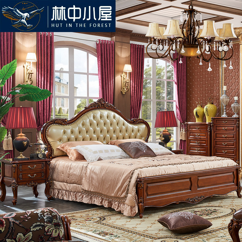 European bed American bed full solid wood carved master bedroom furniture wedding bed 1,81 5 meters double princess cowskin bed