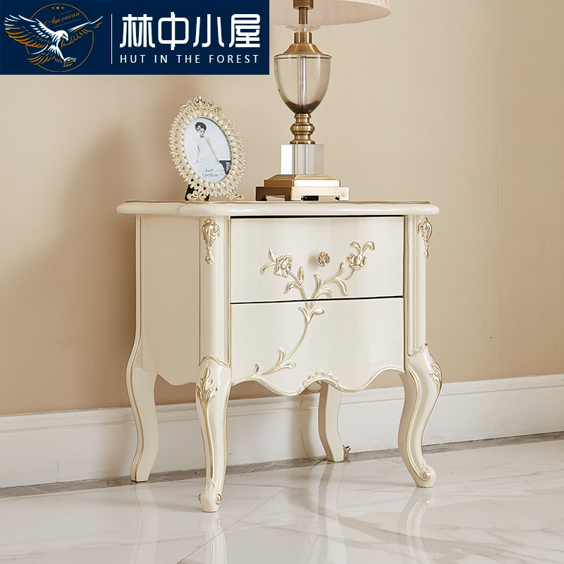 Full solid wood Carved Bed Head Cabinet Eurostyle Style Bedroom Bedside Table Two Pumping Containing Storage Small Bucket Cabinet Pearl White