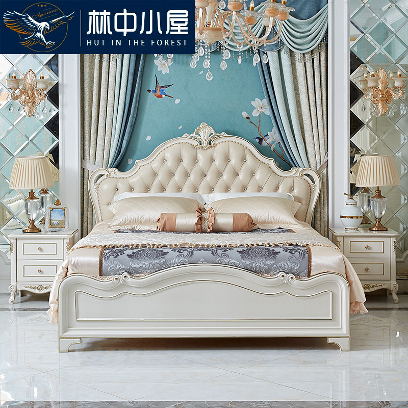 French bed European solid wood carved top layer leather master bedroom double wedding bed princess leather bed 1 8 white
