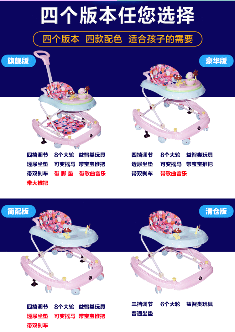 Bé sơ sinh con toddler walker 6 7-18 tháng đa chức năng chống rollover tay đẩy có thể mất các dòng trường với âm nhạc xe đạp đẩy cho bé