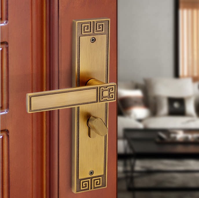 New Chinese style indoor door lock home bedroom door lock antique solid wood door handle double door lock black mute
