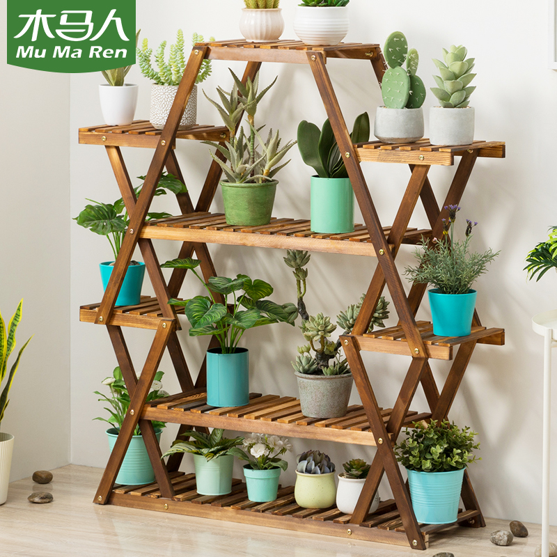Trojan man solid wood flower shelf storage indoor multi-layer balcony decoration floor-to-ceiling living room succulent wrought iron gold ge basin