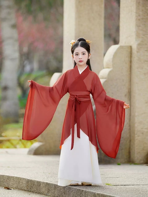 Girls Han Dynasty Warring States Robe Red Large Sleeve Cross Collar Restoration Wei and Jin Style Chinese Style Ancient Style Elegant Recitation Performance Costume