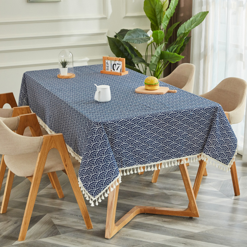 Xiangyun Dark Bluetablecloth fabric art Cotton and hemp student desk Ins wind Northern Europe Modern simplicity like a breath of fresh air tassels tea table dining table Gabe