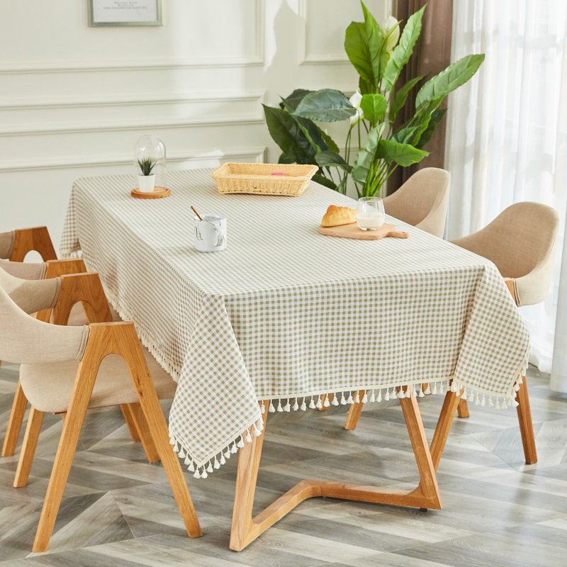 Milk Coffee Lattice [Fringed Lace]tablecloth fabric art Cotton and hemp student desk Ins wind Northern Europe Modern simplicity like a breath of fresh air tassels tea table dining table Gabe