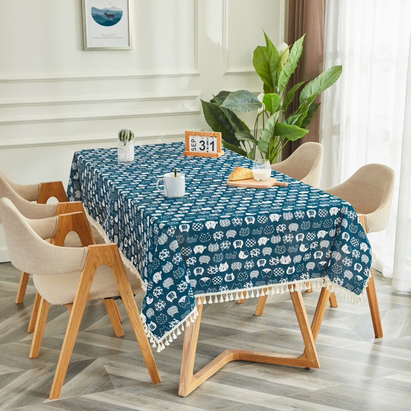 Lucky Cat Bluetablecloth fabric art Cotton and hemp student desk Ins wind Northern Europe Modern simplicity like a breath of fresh air tassels tea table dining table Gabe