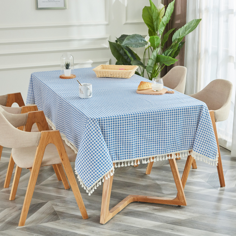 Sky Blue Check [Tassel Lace]tablecloth fabric art Cotton and hemp student desk Ins wind Northern Europe Modern simplicity like a breath of fresh air tassels tea table dining table Gabe