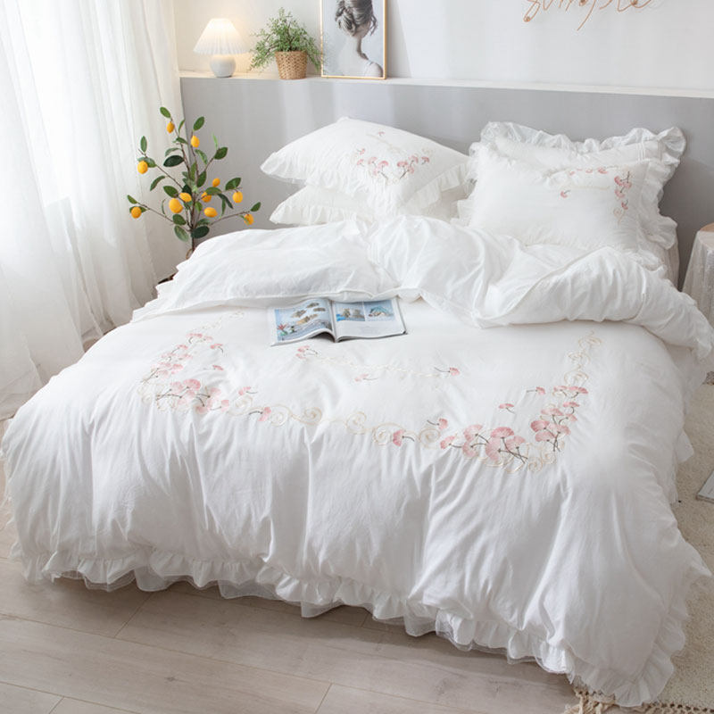 FULL COTTON PRINCESS WIND BED SKIRT FOUR PIECES OF KIT MINIMALIST BED COVER TYPE EMBROIDERED PURE COTTON ANTI-SLIP BED COVER LACE QUILT COVER 4 PIECES