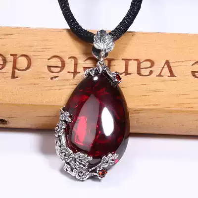 Jiashuntai Silver pendant Retro garnet necklace water drop pendant Female sterling silver red gem sweater chain 925