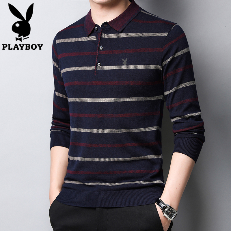 Playboy trung niên nam dài tay áo thun đùi cổ áo mùa xuân mùa thu cha knitsweater nam sọc chạm đáy.