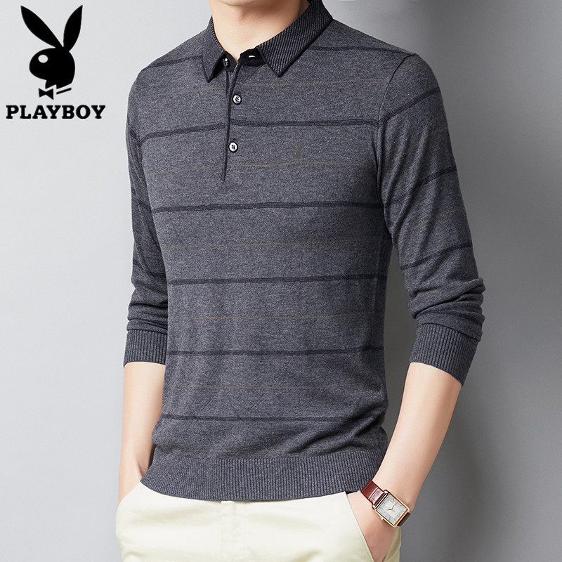 Playboy trung niên nam dài tay áo thun đùi cổ áo mùa xuân mùa thu cha knitsweater nam sọc chạm đáy.