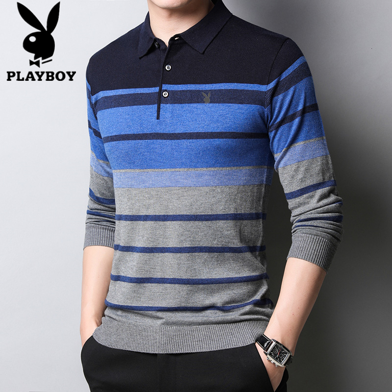 Playboy trung niên nam dài tay áo thun đùi cổ áo mùa xuân mùa thu cha knitsweater nam sọc chạm đáy.