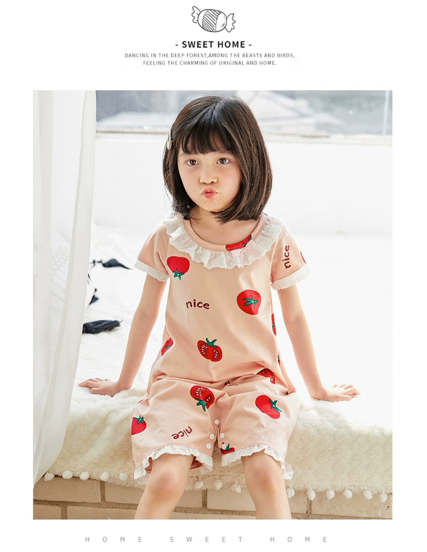 Shangbao Maixia Girls Nightdress Xiêm Trẻ em Áo ngủ ngắn tay cho bé Bộ đồ ngủ Dịch vụ điều hòa không khí Cha mẹ-con Công chúa Cotton Thin - Áo liền quần