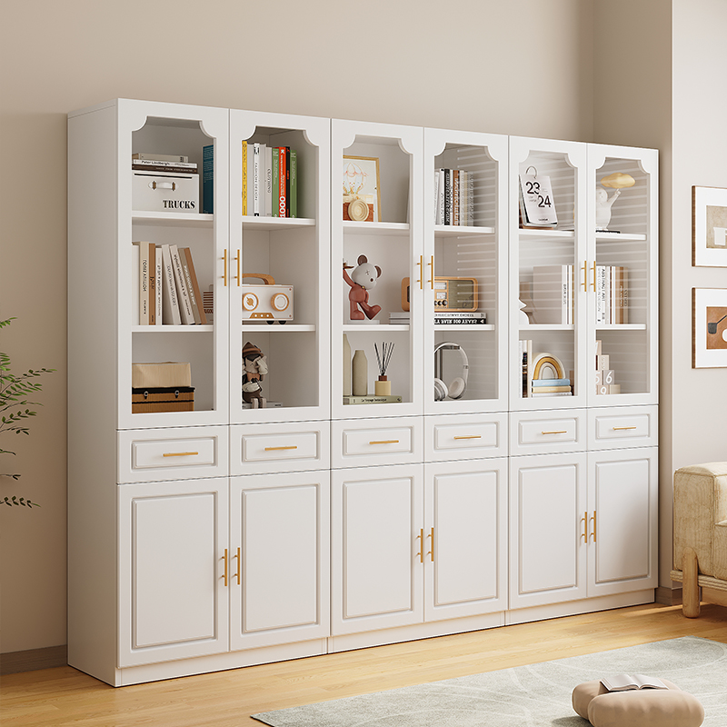 Solid wood bookcase student home storage display cabinet with glass door living room floor-standing multi-layer bookshelf storage cabinet combination