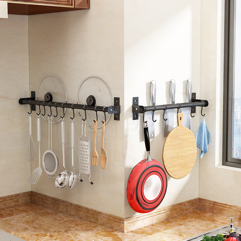 Punch-free kitchen hanging rod black stainless steel wall-mounted multi-functional activity hook-type row hook storage rod hanger
