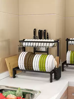 Stainless steel kitchen rack Black countertop drain bowl rack Double-layer drying bowl rack Chopsticks storage box dish rack