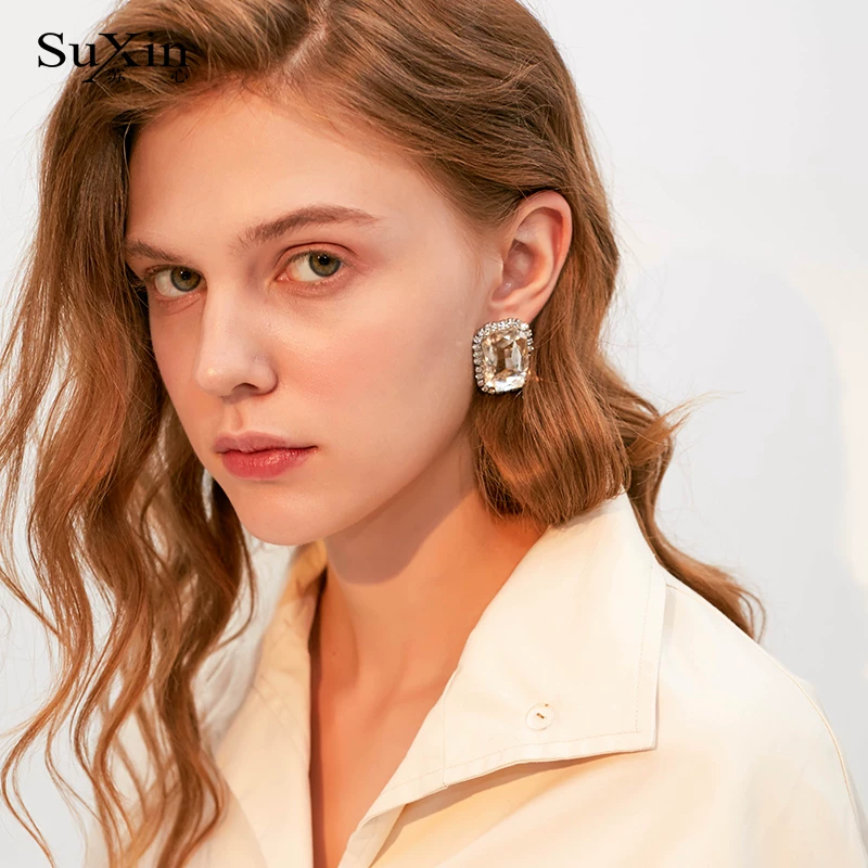 Сю xin Shiny geometric accessory, square transparent retro earrings, silver 925 sample