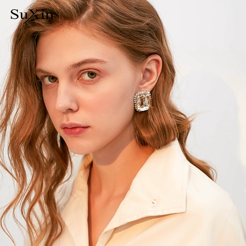苏心 Блестящий аксессуар, квадратная прозрачная серебряная игла, ретро серьги, серебро 925 пробы